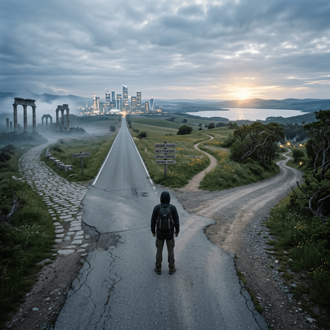 Person standing at a crossroads with paths to a modern city, ancient ruins, and a nature trail