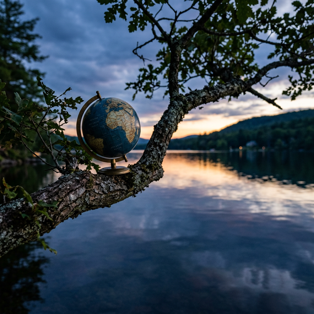 Globe placed on a tree branch above a calm lake during sunset.