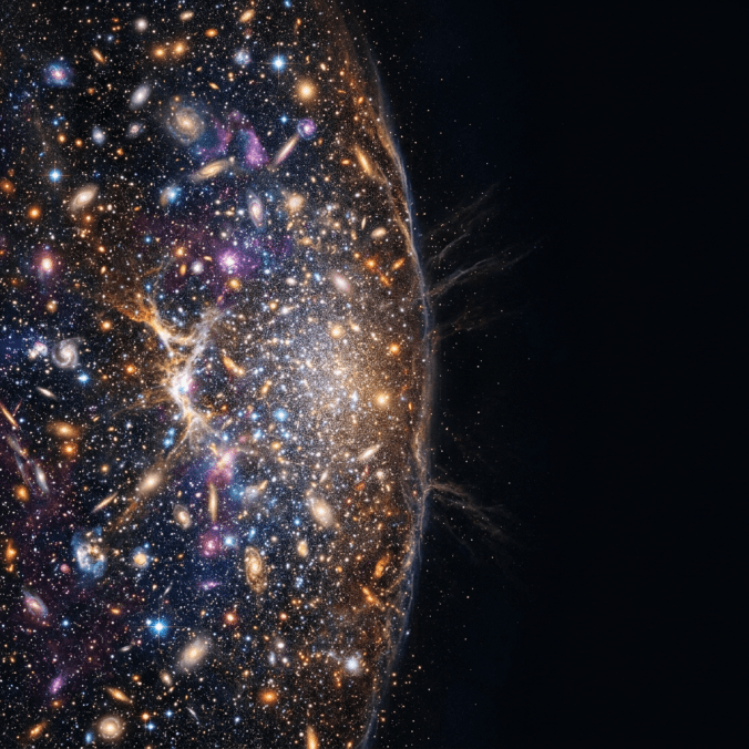 Cluster of distant galaxies, stars, and cosmic clouds in deep space
